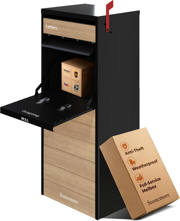 Cali USPS Compatible Mailbox, Classic Black/Oak Package Mailbox, Anti-Theft Locking Parcel Drop Box Or Curbside