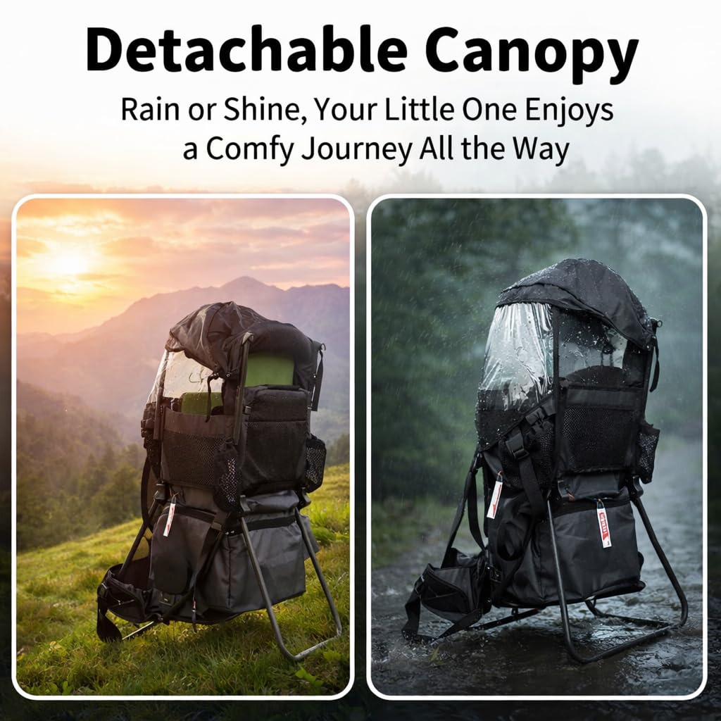 Carrier Backpack with Foldable Frame, Toddler Hiking Backpack with Adjustable Comfort Seat, Sun & Rain Canopy