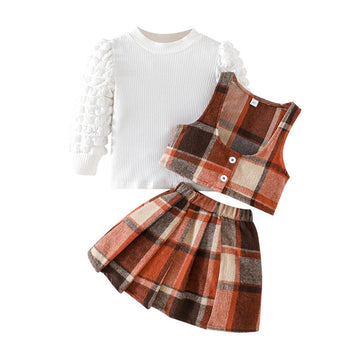 Toddler Girls Plaid Outfits Puff Sleeve Knit Ribbed Tops Button Down Vest Plaid Skirt Set Girls Fall Winter Clothes
