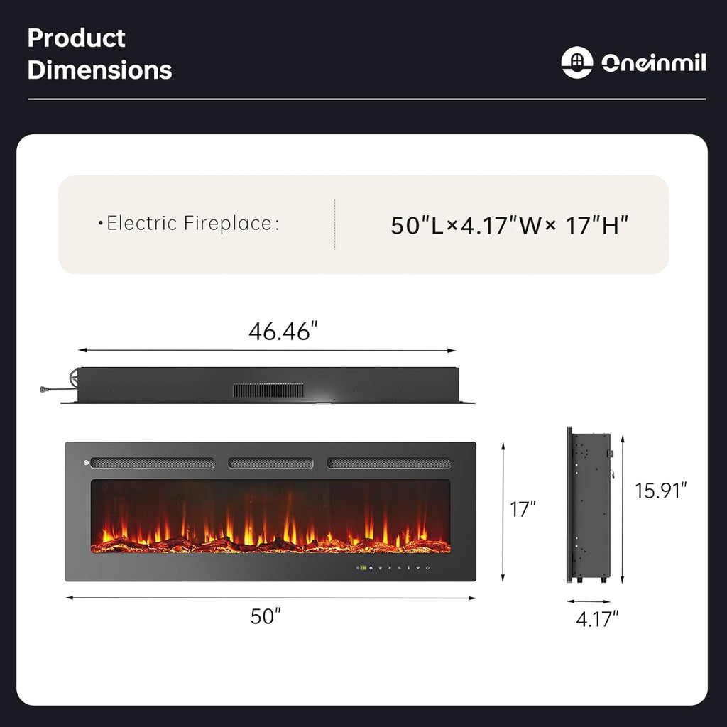 50” Smart Electric Fireplace Heater, Compatible with Alexa & Google Home, Wall Mount