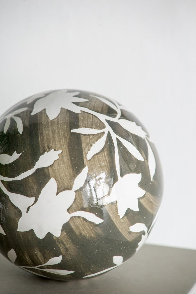 Set of 3 Ceramic Decorative Spheres - Handcrafted Floral Gray Orbs, Different Sizes, Decor, Tabletop Accent, Shelf
