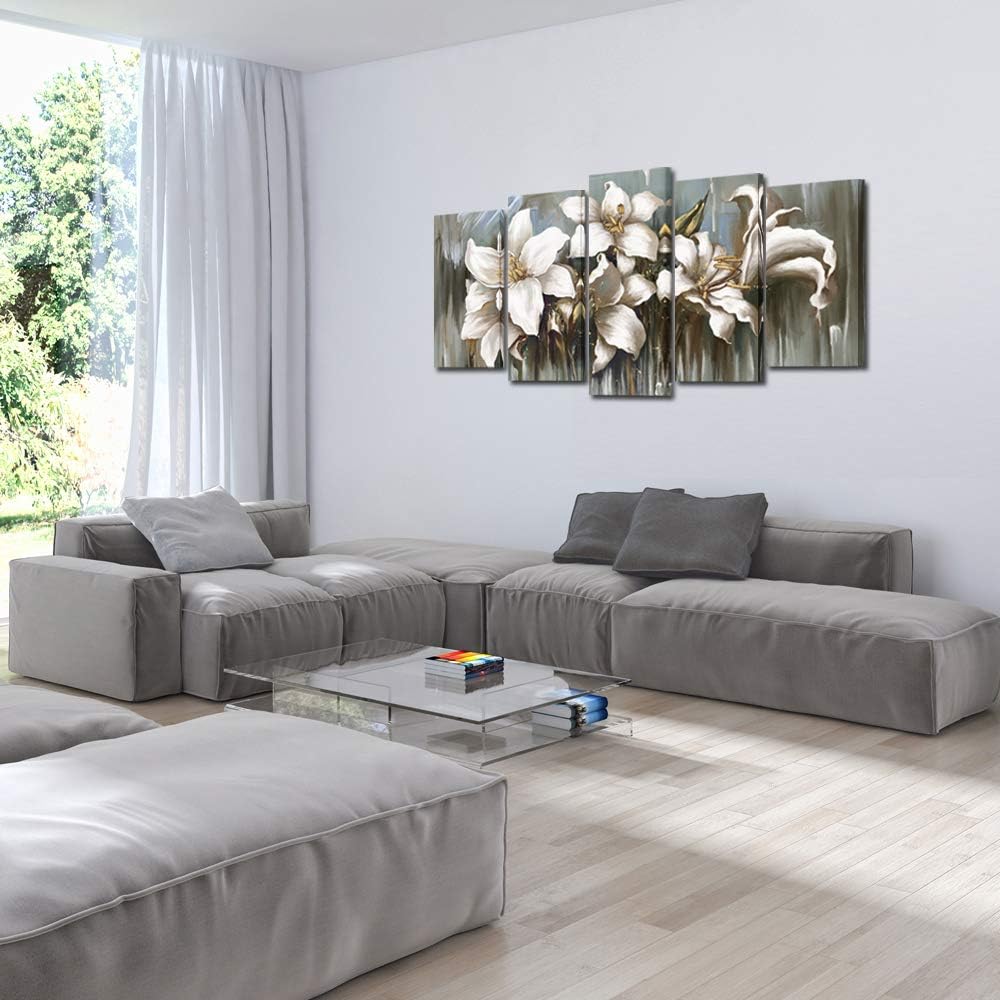 5 Panel Flowers Canvas Wall Art Modern Wrapped Floral Artwork Giclee Canvas Prints White and Grey Tulip Paintings on