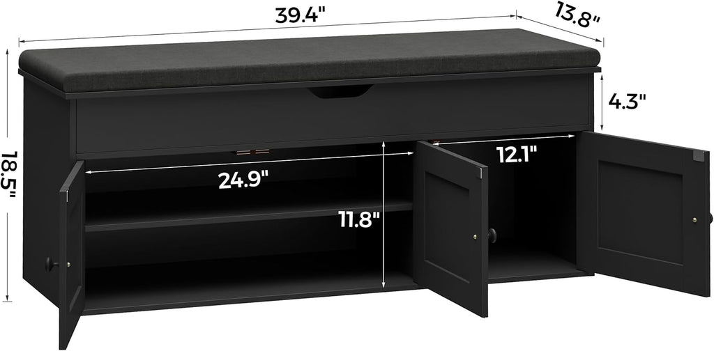 Shoe Storage Bench with Lift Top & 3 Barn Doors, Entryway Bench with Removable Cushion, Adjustable Shelf, Hidden