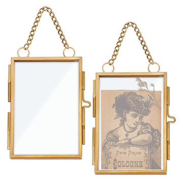 2Pcs Double Glass Picture Frame with Chain 2x3 Inch Mini Photo Frames Brass Folding Frame DIY Vintage Artwork Display