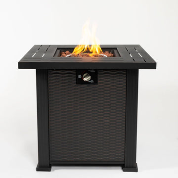 28'' Propane Fire Pit Table, 50, 000 BTU Fire Table with Steel Lid, Big Legs, Laval Rocks.