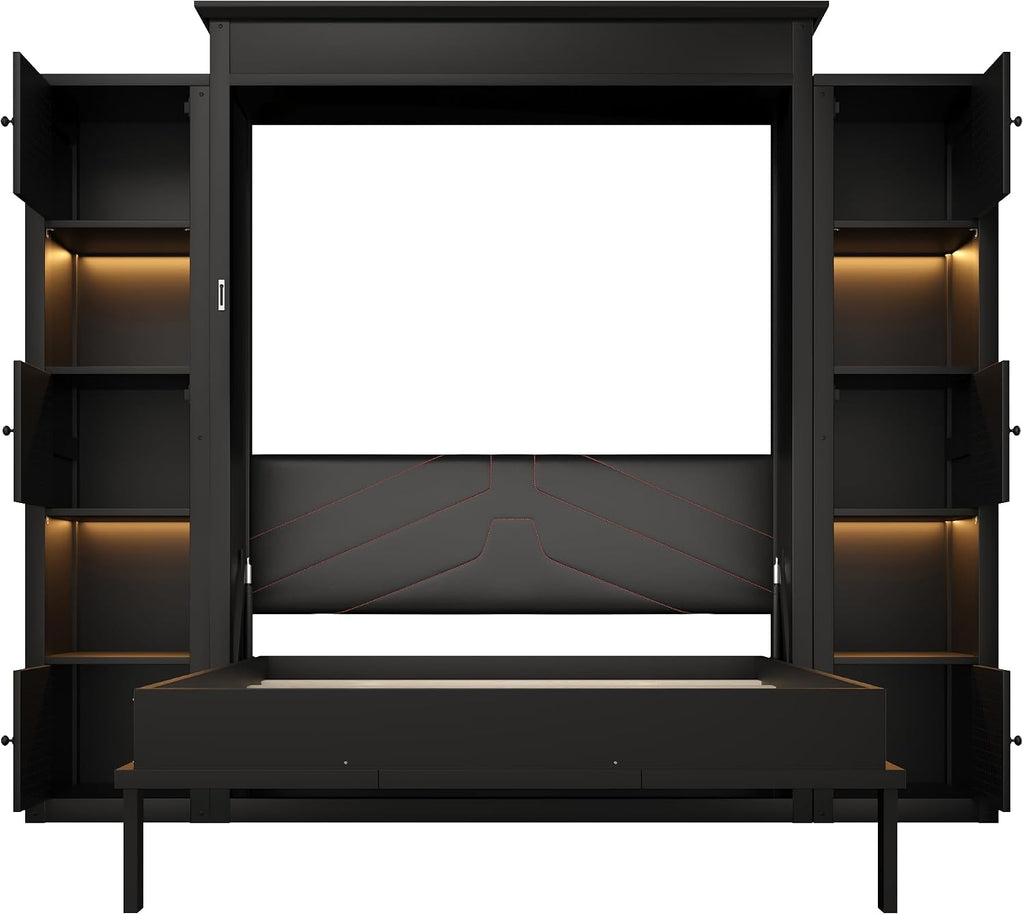 Queen Murphy Bed with Storage Shelf, Space Saving Hidden Wall Bed Cabinet with LED Lights, Foldable Murphy Beds with