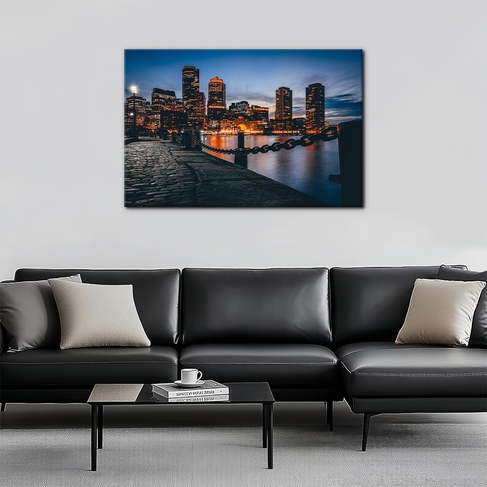 Boston Cityscape Canvas Wall Art Print Skyscrapers Harbor Skyline Painting Wall Decor Home Decoration Gallery Wrapped