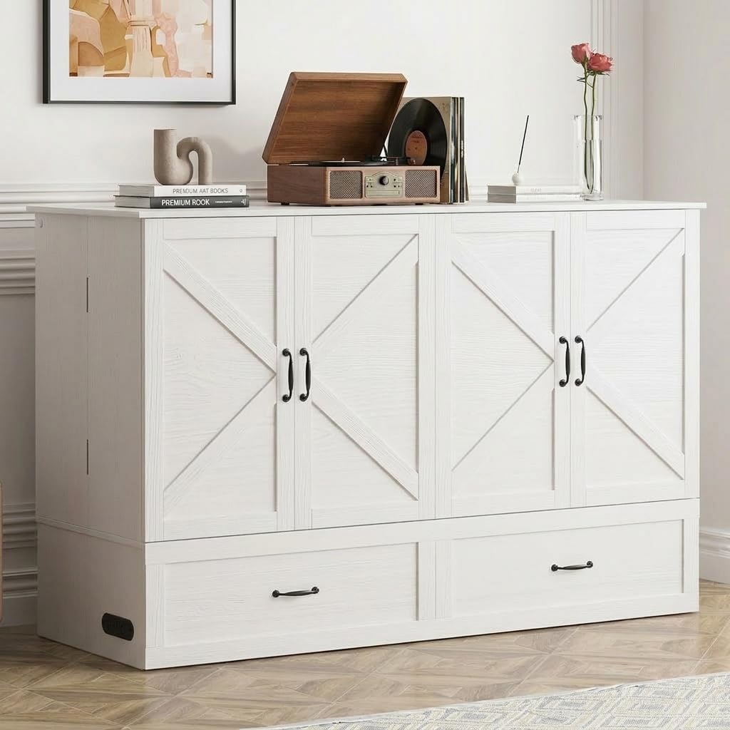 Murphy Bed Queen with Mattress Included, Crisscross Frame Cabinet Beds Chest with Charging Station & Storage Drawers