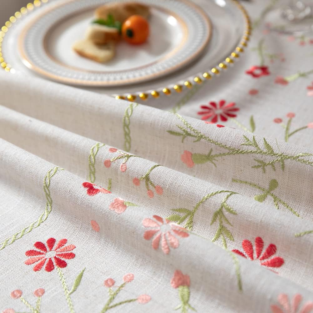 Table Cloth Embroidery Floral Pattern Wrinkle Free Heavy Weight Cotton Linen Farmhouse Tablecloth De