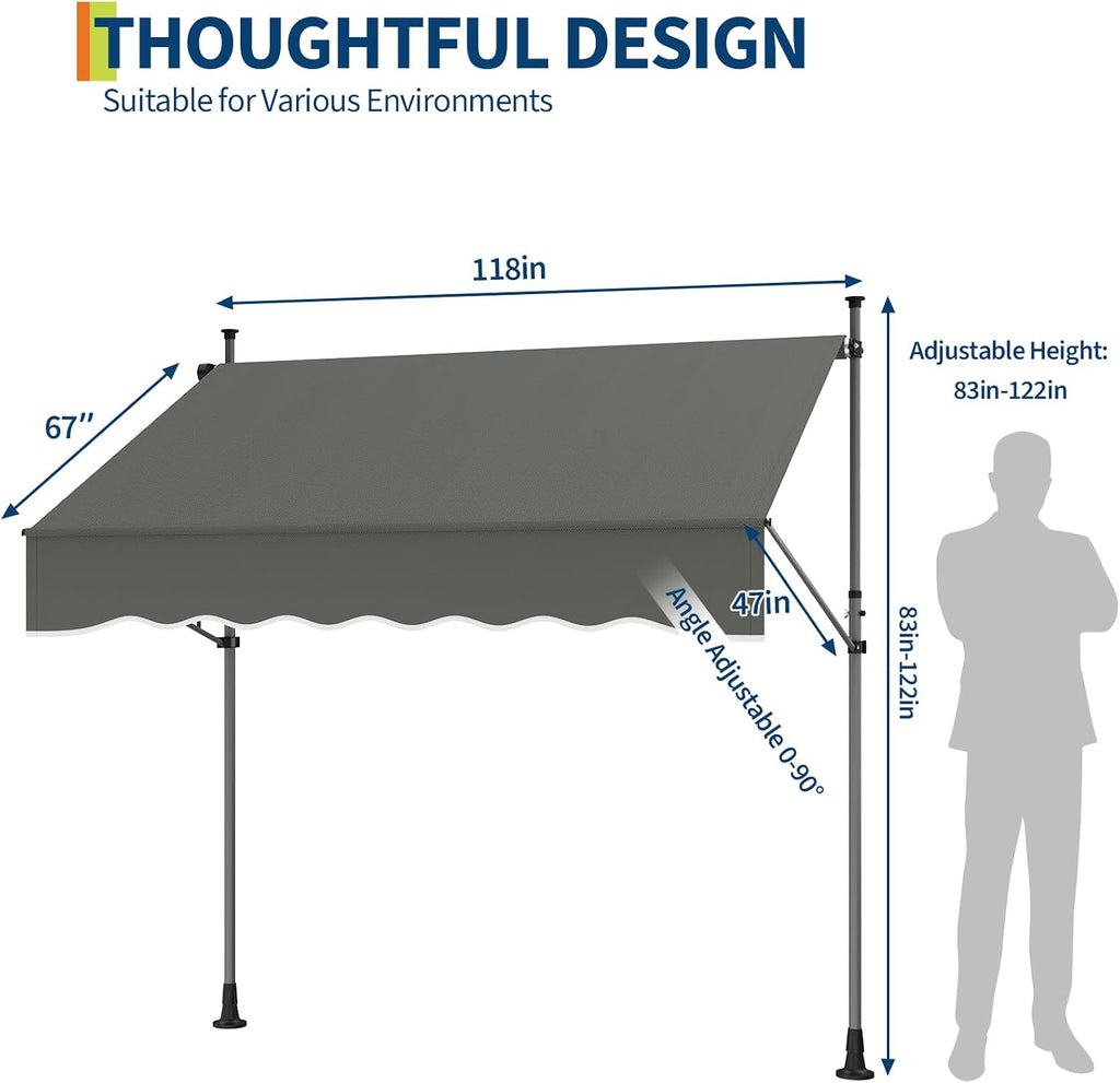 118'' Manual Retractable Awning , Angle & Height Adjustable Sunsetter Retractable Awning, Exterior Outdoor Sunshade