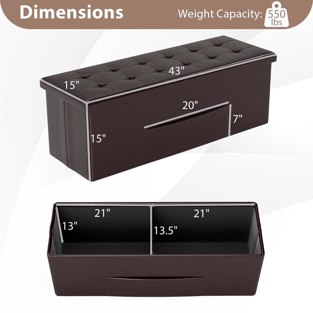 43 Inches Folding Storage Ottoman Bench, Upholstered PU Leather Storage Chest with Side Pocket, Padded Seat, End of