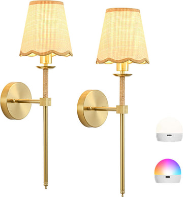 Boho Battery Operated Wall Sconce Set of 2, Gold Wireless Rechargeable Wall Lights with Rattan Shade, 12 RGB and 3CCT