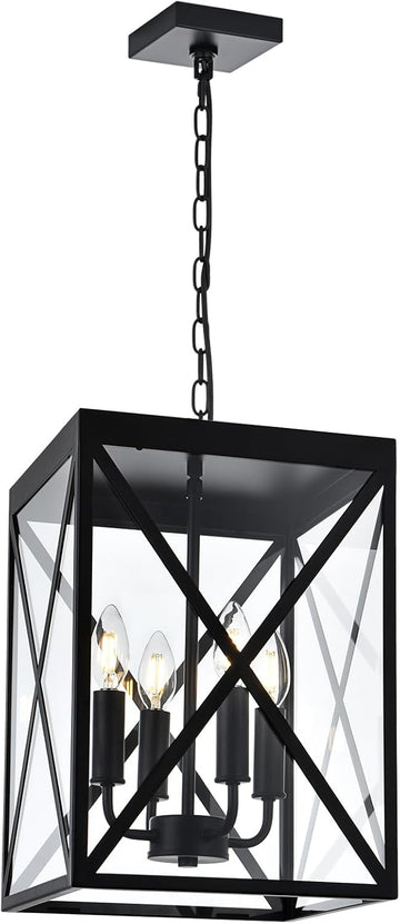 Black Outdoor Pendant Light 4 Lights Outside Pendant Hanging Light Fixture Ceiling Mount with Clear Glass Industrial