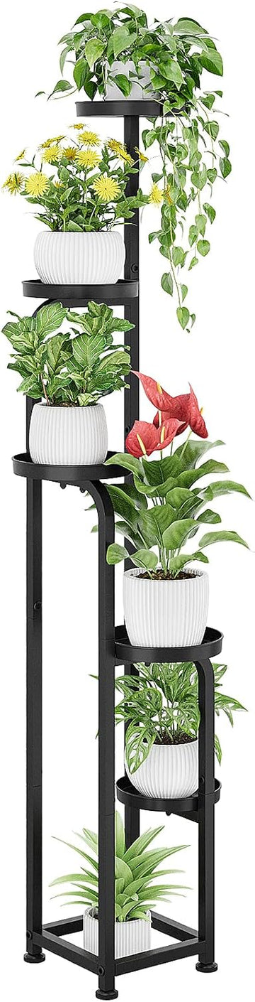 Tall Plant Stand Indoor Outdoor Corner Metal Flower Pot Stands | 5 Tier Black Heavy Duty Plant Shelf for Multiple