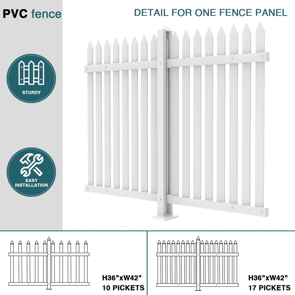 2 Sets 36" H x 84" W Vinyl Picket Fence Panels White Decorative Fence for Garden Yard Pool Walkway (34 Pickets