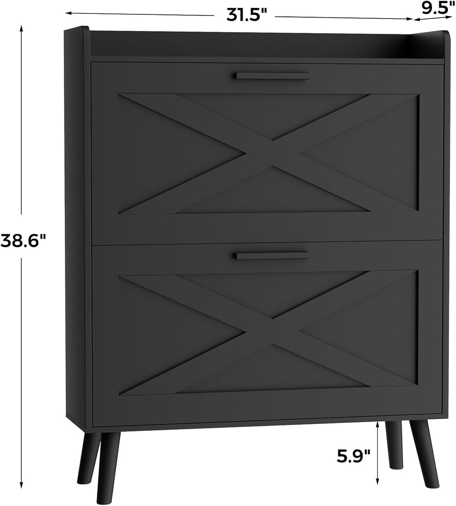 Farmhouse Shoe Storage Cabinet with Flip Drawers & Barn Door Design | Slim Narrow Shoe Rack Cabinet with Adjustable