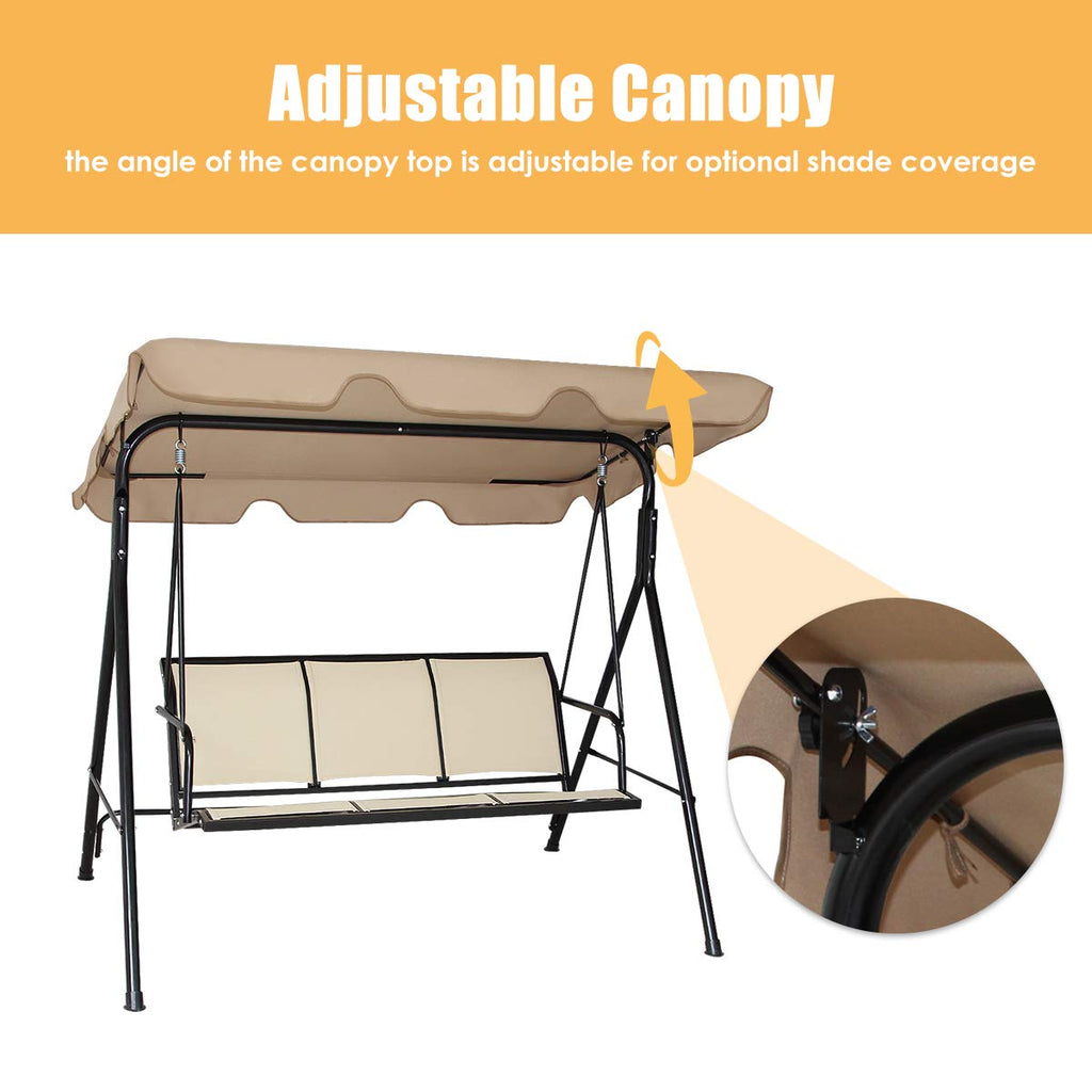 3 Person Patio Swing, Steel Frame with Polyester Angle Adjustable Canopy, All Weather Resistant Swing Bench, Suitable