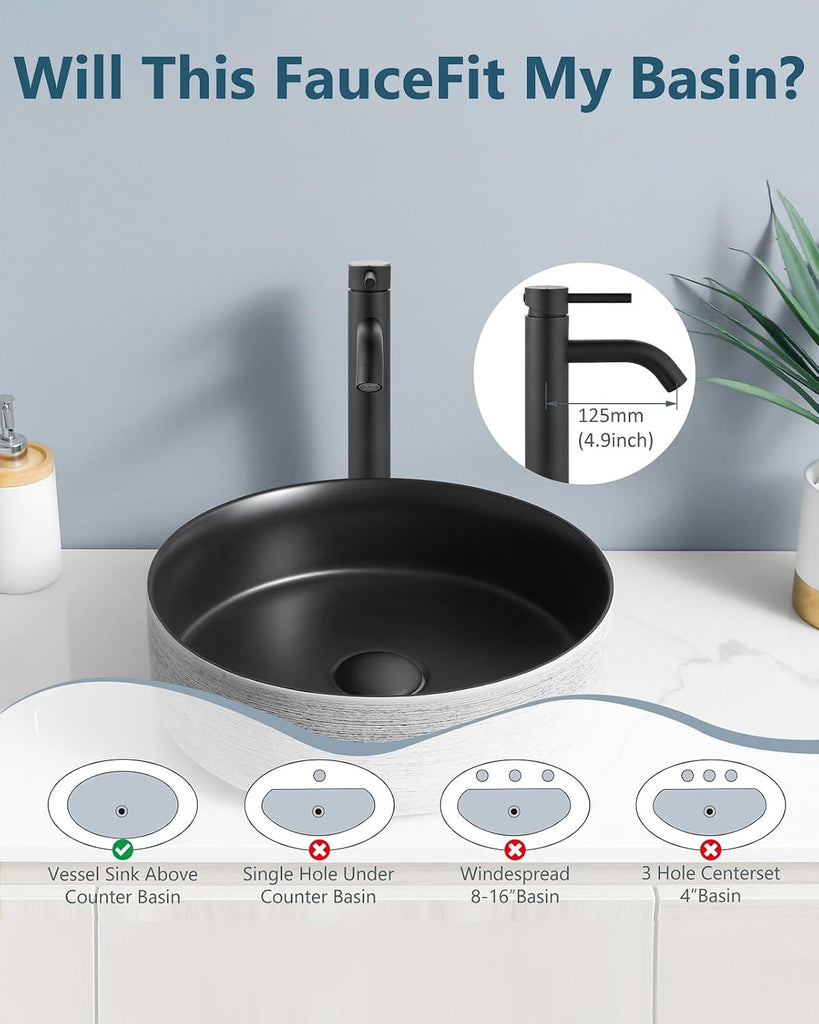 Matte Black Vessel Sink Faucet Bathroom Faucet Tall Stainless Steel Bathroom Sink Faucet Single Handle One Hole Round