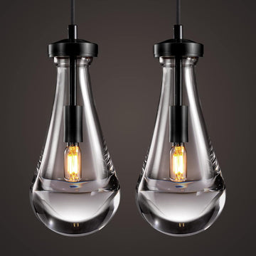 Raindrop Pendant Lights Kitchen Island Set of 2 Teardrop Black Hanging Light Fixtures Clear Solid Glass Pendant Light Modern Chandeliers for Dining Room Porch Corridor Living Room