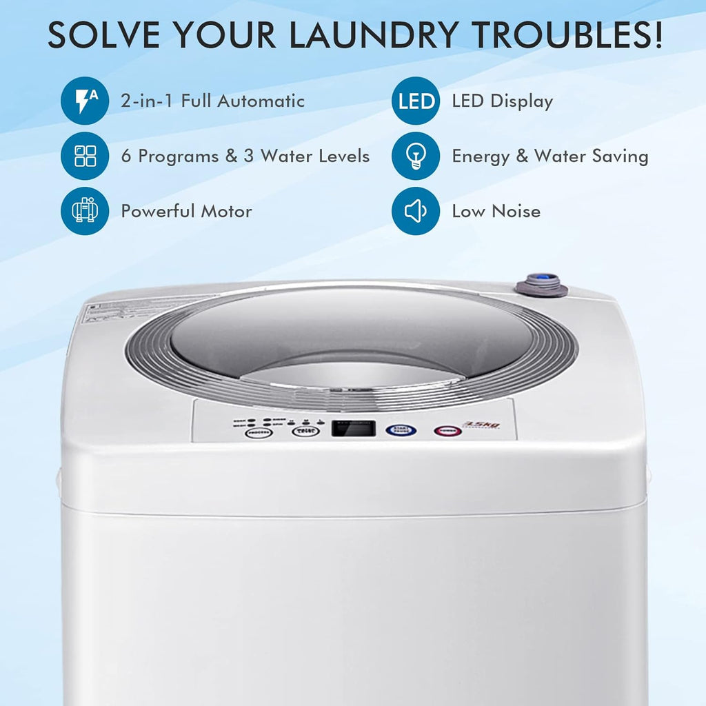 Portable Washing Machine, 8Lbs Capacity Full-automatic Washer with 6 Wash Programs, LED Display, 3 Water Levels