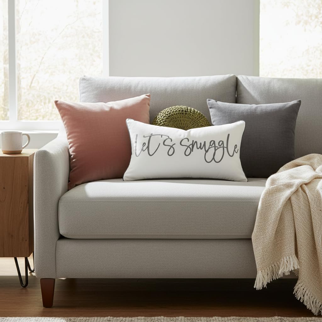 Let's Snuggle Decorative Lumbar Pillow Cover - 12x20 Inch White and Grey Cotton Embroidery Throw Pillowcase