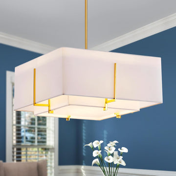 4-Light Modern Fabric Chandelier for Dining Room, Drum Pendant Light Fixture for Living Room, Bedroom, Foyer, White Shade with Gold Frame, Height Adjustable, D19xH11
