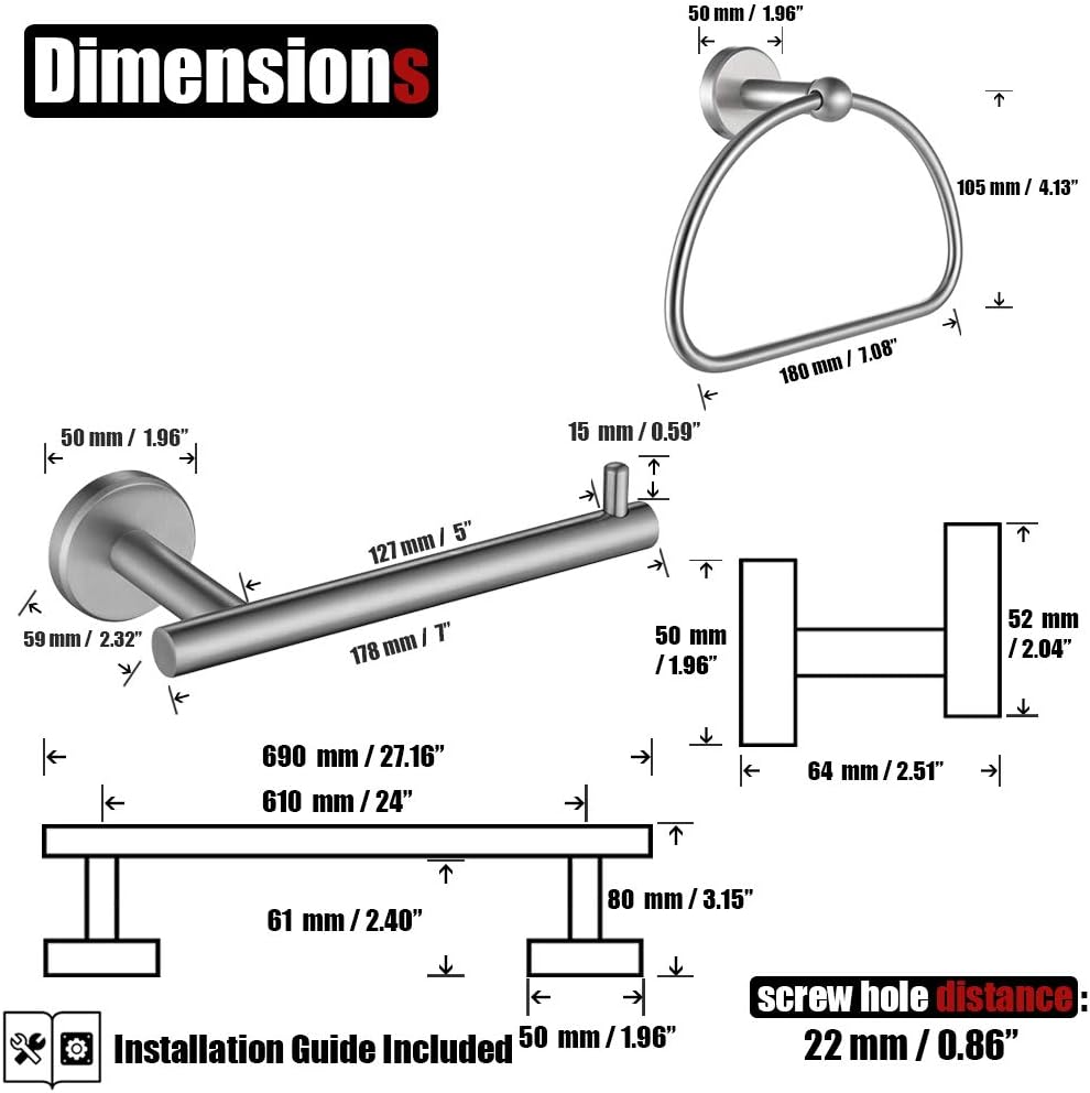 Bathroom Hardware Set, 5-Piece Bath Accessories Set Brushed Finished Wall Mount Includes 24 in Towel Bar, 7 in Towel