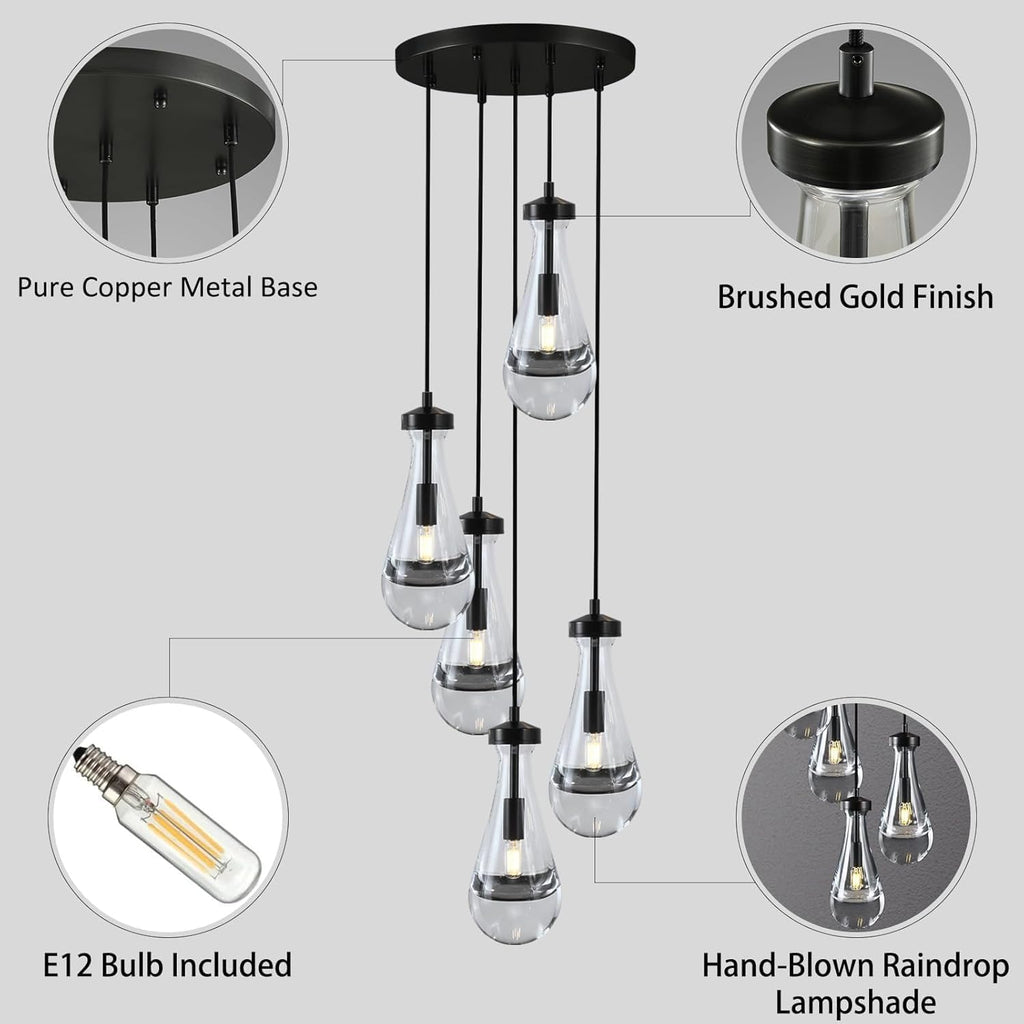 Raindrop Pendant Lights Kitchen Island Teardrop Black Hanging Light Fixtures Clear Solid Glass Pendant Light Modern Chandeliers for Dining Room Porch Corridor Living Room (5-Light)