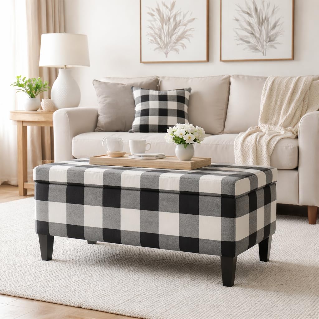 36" Storage Ottoman Bench with Hinged Lid - Black Buffalo Plaid