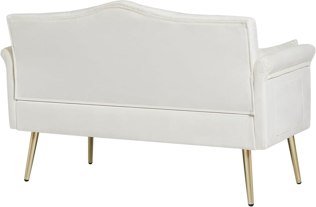 55 Inch Beige Velvet Loveseat Sofa with Gold Metal Legs & Side Pockets, Tufted Backrest