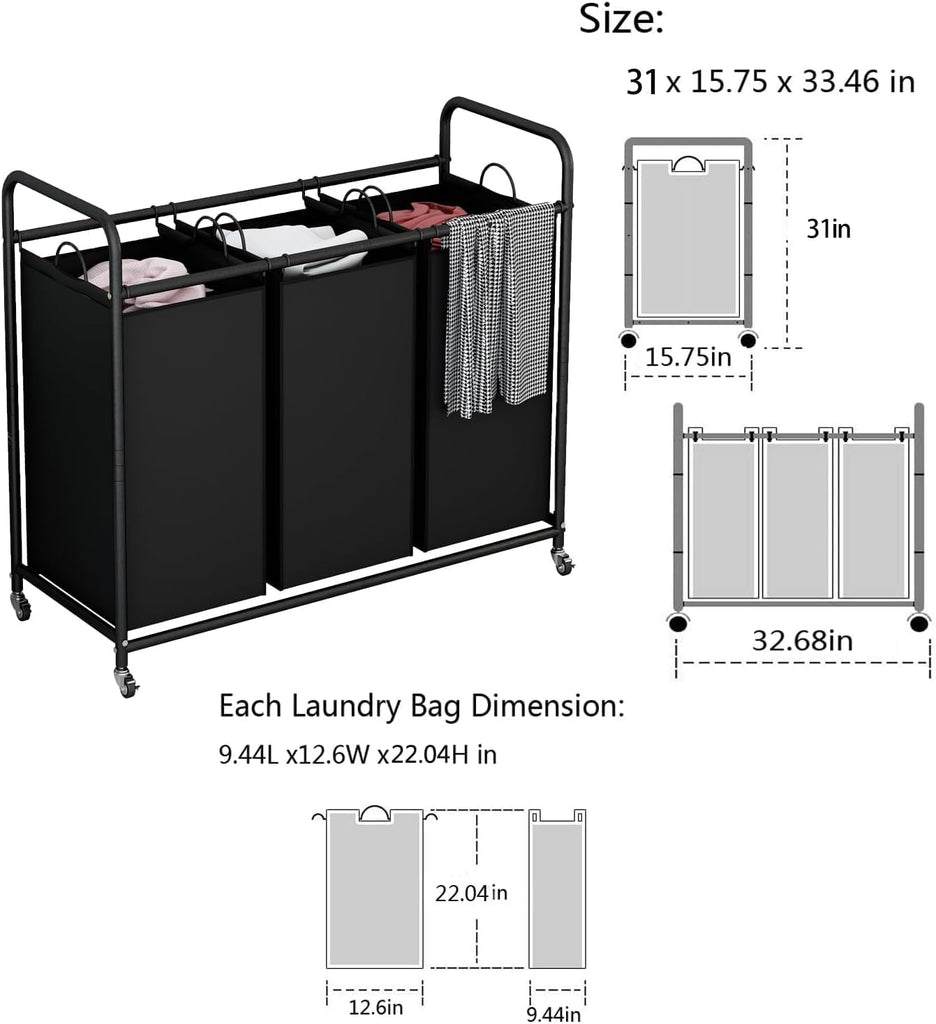 3 Section Laundry Hamper, Black Laundry Basket 135L Laundry Sorter | Laundry Room Organization with Heavy Duty