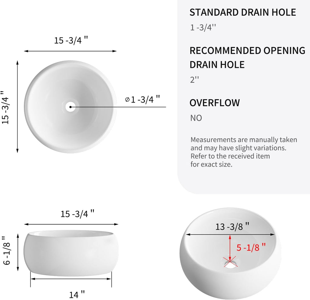 Vessel Sinks for Bathrooms, OCEALAGOON 16 Inch Round Bathroom Vessel Sink