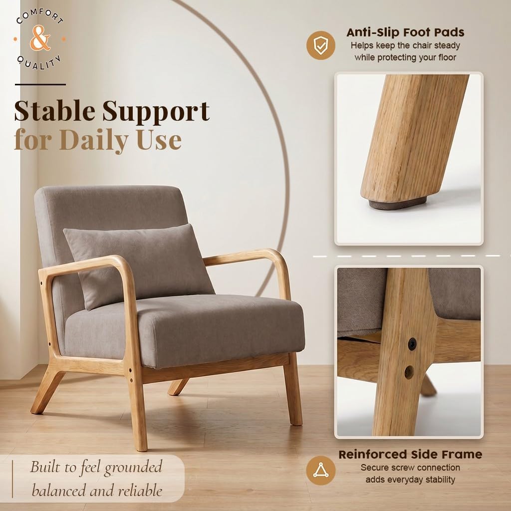 Modern Accent Chair, Taupe Knitted Fabric Upholstered Armchair with Solid Wood Frame, Comfy Reading Chair Bedroom