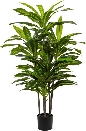 4ft Dracaena Artificial Plant - Large Tropical Indoor Fake Tree with Lifelike Leaves - Tall Faux Floor Plant in Pot