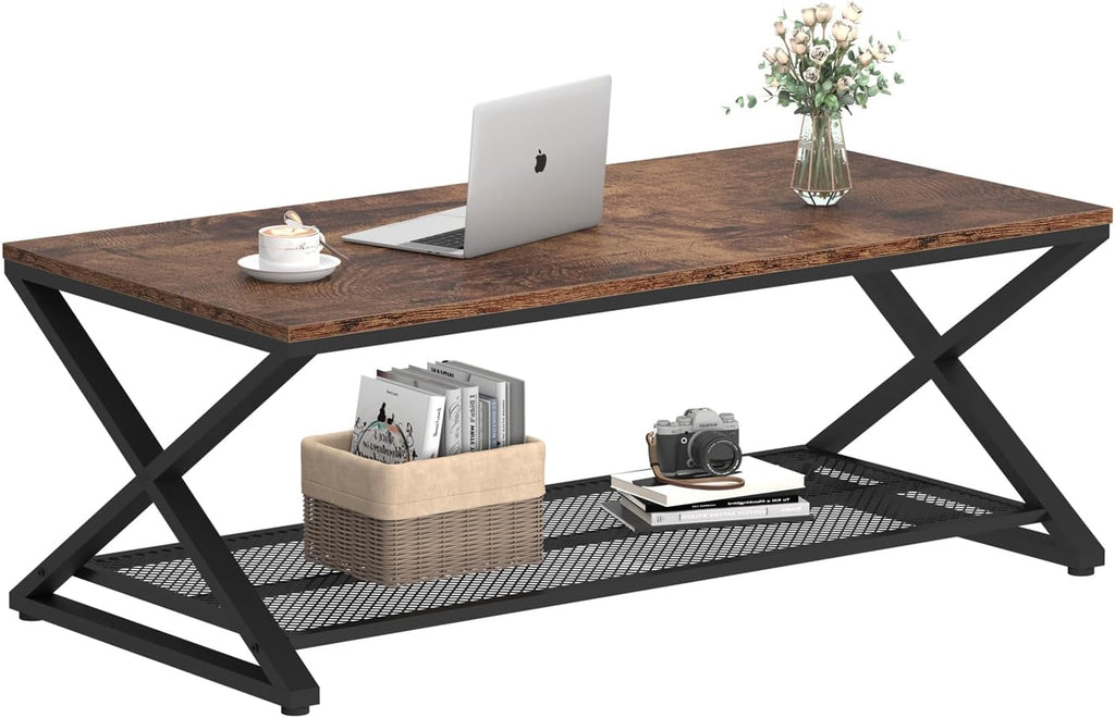 Rustic Coffee Table with Storage, Industrial Wood Metal 2 Tier Center Living Room Table with Mesh Shelf