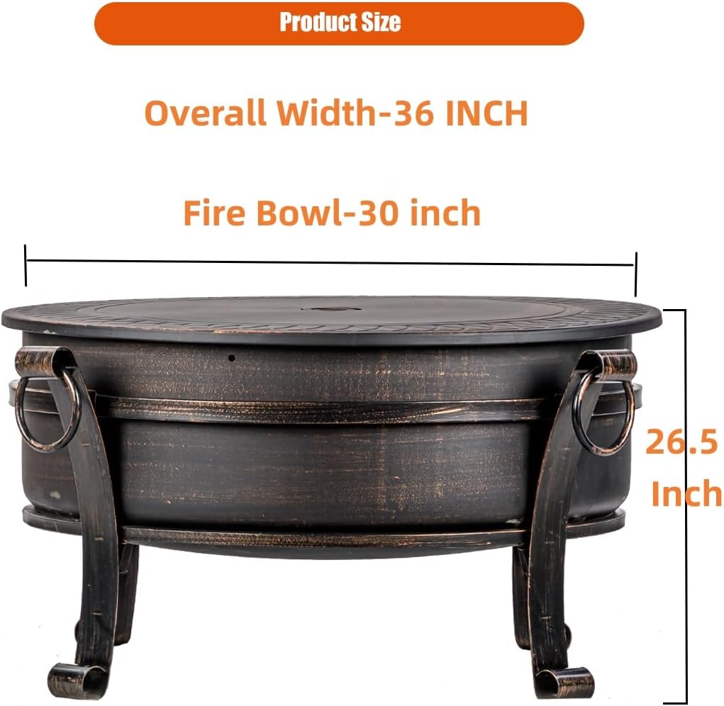 36 Inch Fire Pit with Grill & Lid, Fireplace & Round Table & BBQ 3 in 1 Fire Pit,Heavy Duty Wood Burning Fire Pits for O