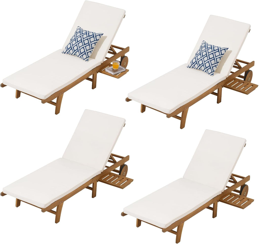 Patio Acacia Wood Chaise Lounge Set of 4, Pull-Out Table, Cream | Foldable Lounge Chair with Adjustable Backrest