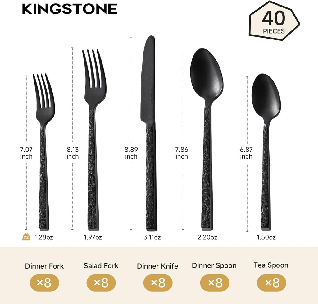 40 Pieces Black Hammered Silverware Set for 8, 18/10 Stainless Steel Heavy Duty Flatware Set