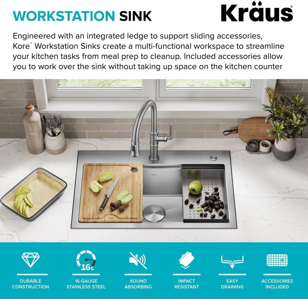 Kore 32-Inch Drop In/Undermount Workstation 18 Gauge Single Bowl Stainless Steel Kitchen Sink with Accessories