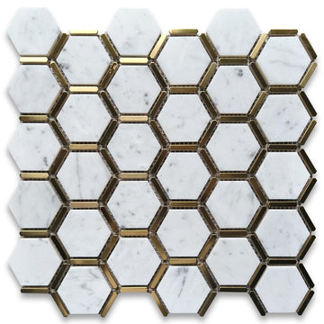 Carrara White Marble 2 inch Hexagon Mosaic Tile w/Brass Strips Polished Kitchen Bath Wall Floor Backsplash Shower (1