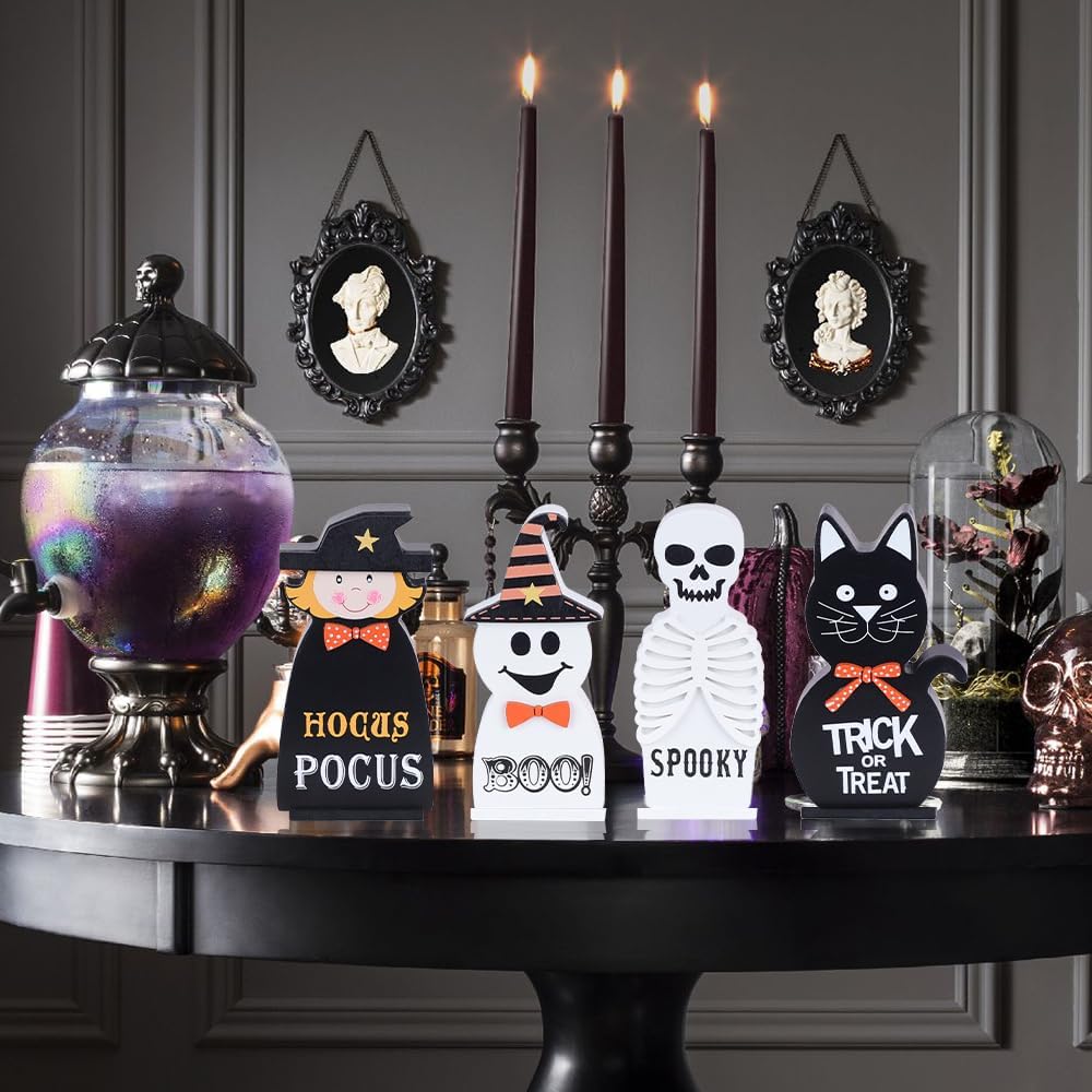Halloween Decorations Indoor, Wood Blocks Halloween Table Decor, Ghost Black Cat Skull Witch Gothic Tabletop - Set of 4