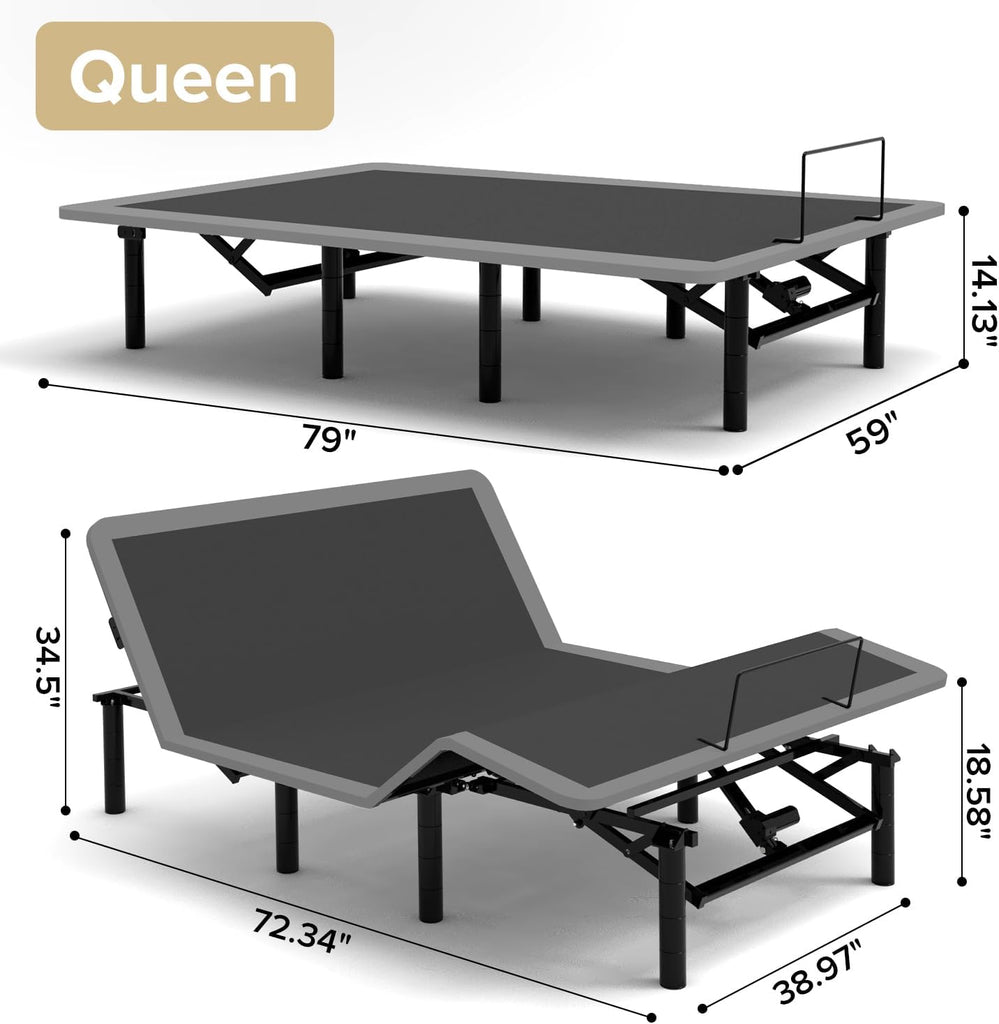 Ergonomic Queen Size Adjustable Bed Base, Metal Bed Frame Adjustable Head & Foot Incline, Zero Gravity Electric Bed