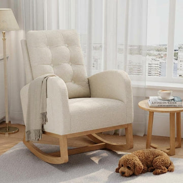Modern Rocking Chair -Beige | Comfortable Recliner Rocker with Side Pocket, Soft Linen Upholstered Glider Chair
