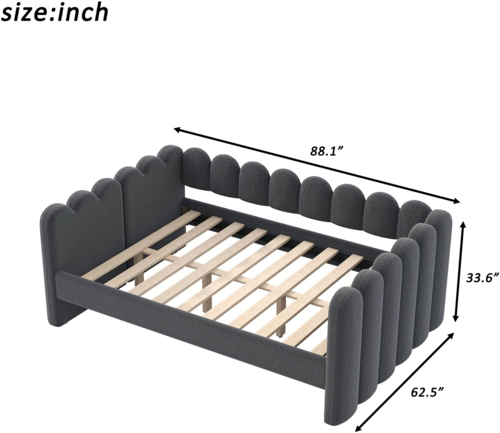 Queen Size Upholstered Daybed with Backrest and Armrests, Gray | Day Bed with Slat, Lambswool Fabric, Easy Assembly
