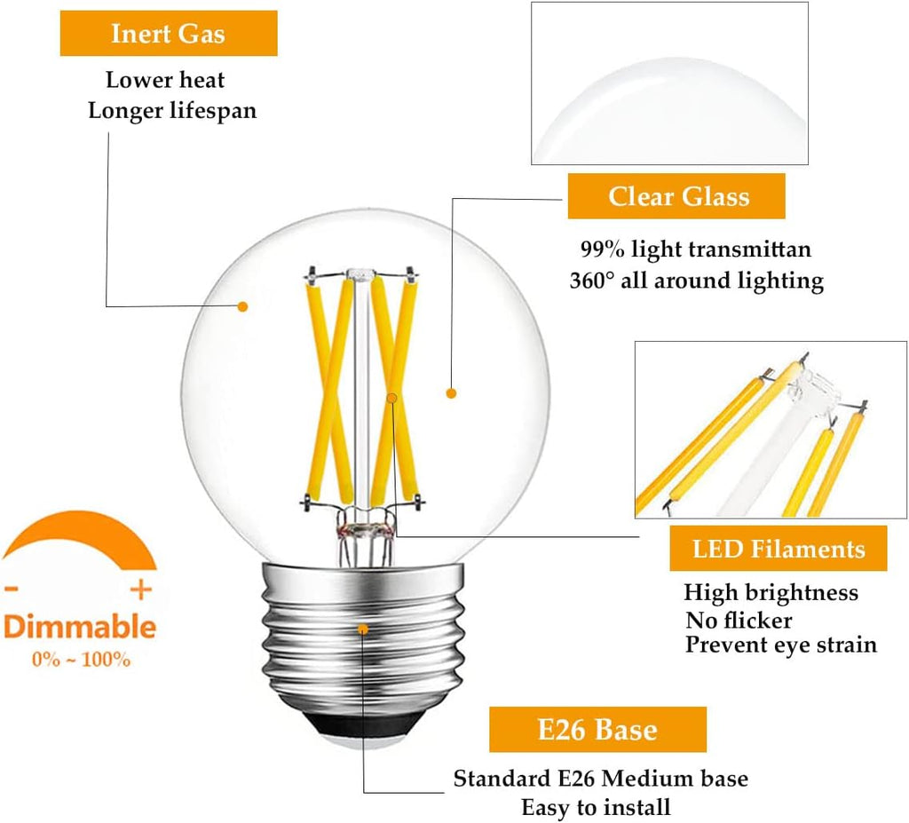 Dimmable E26 g16.5 led Mini Globe Edison Bulb LED Filament Bulb 4W 3000K Warm White 40W Equivalent for Pendant