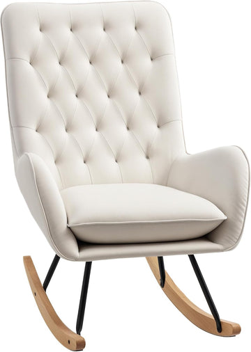 Fabric Rocking Chair, Mid-Century Wingback Accent Chair, Cream White | Armchair, Tufted, Rocker, Padded Seat, Rubber