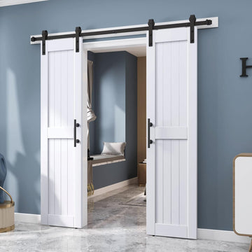 42 x 84 inch (Double 21x84 Door) White Barn Door with 7FT Sliding Door Hardware Kit Included & Handl