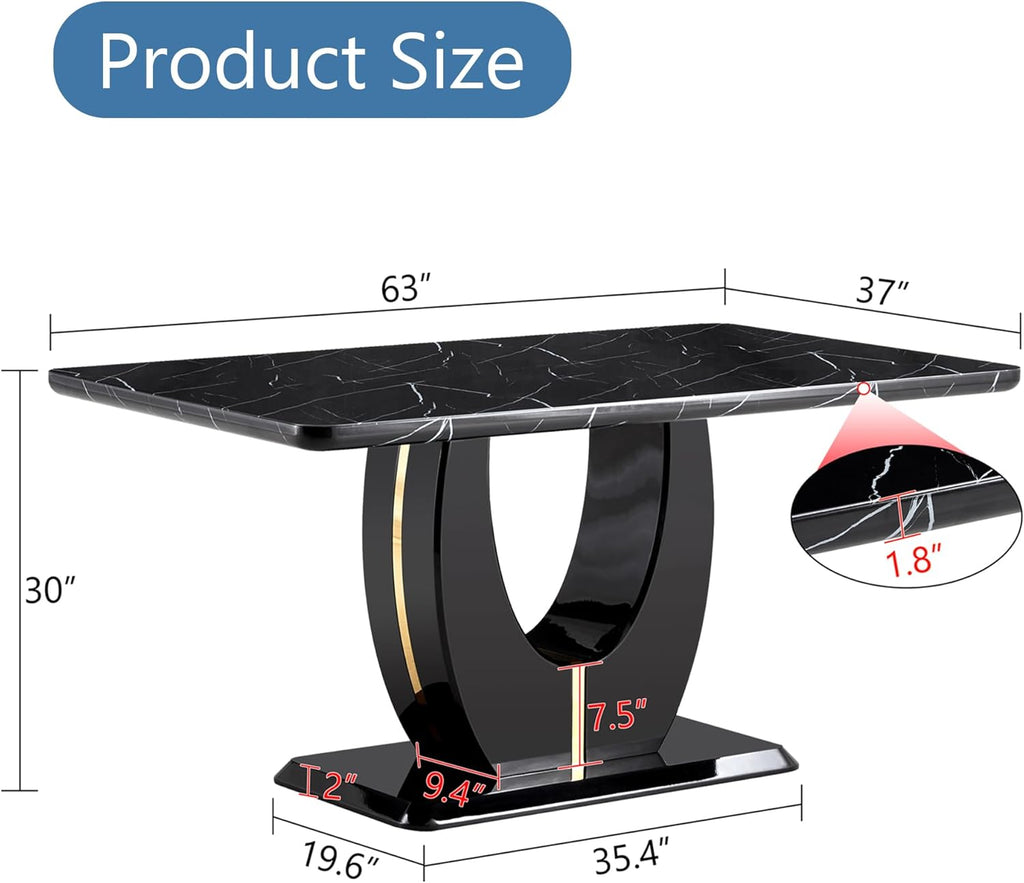 63" Black Marble-Look Dining Table for 6, Modern Rectangular Kitchen & Dining Room Table, Glossy Faux Marble Finish