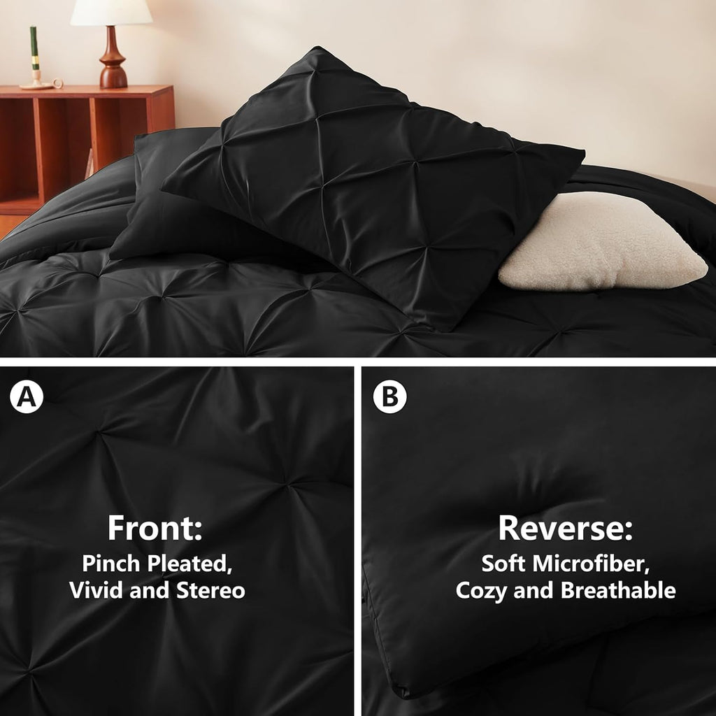 Comforter Set 7 Pieces Bed in A Bag Black Luxury Soft Bed Set Pintuck Pinch Pleat Bedding Sets