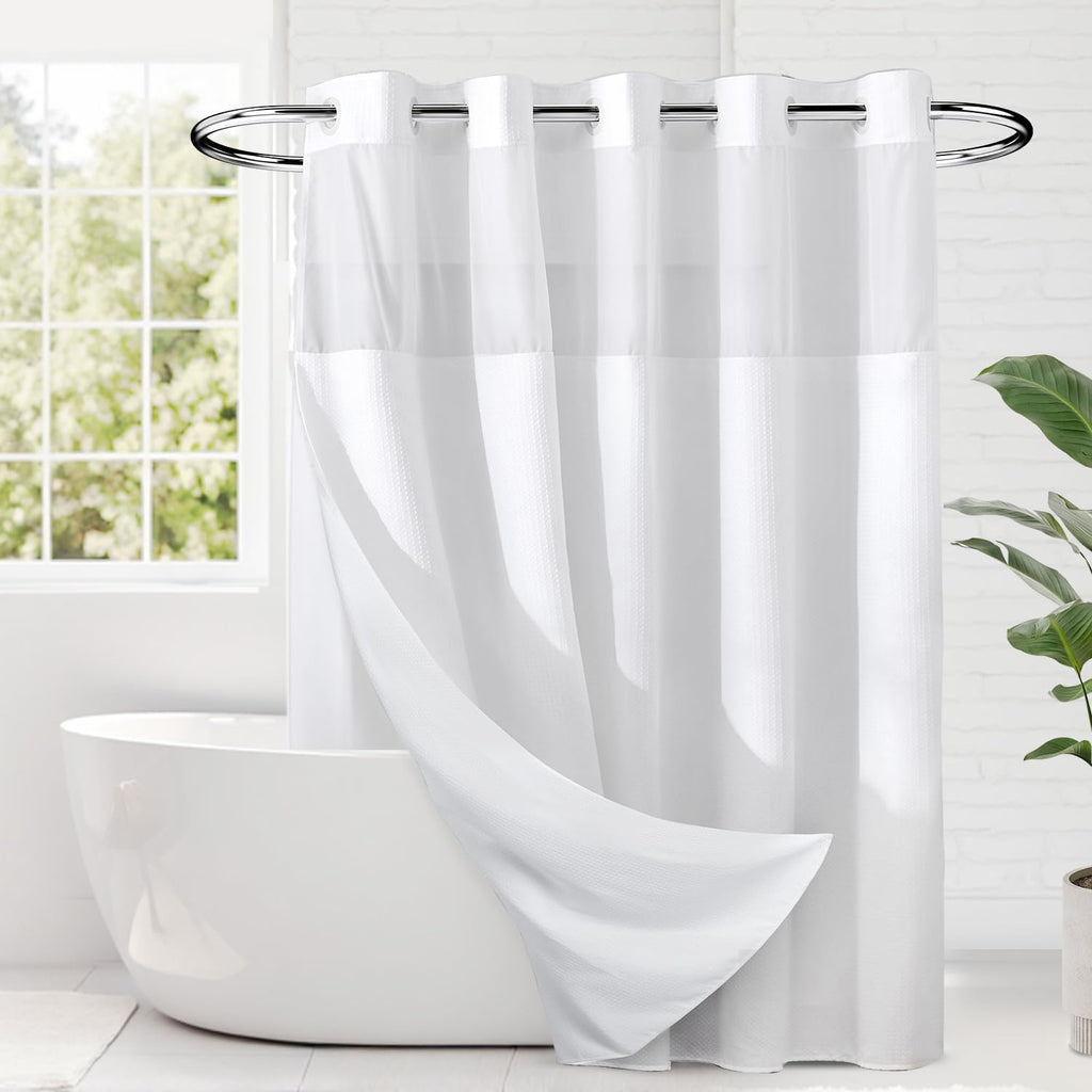 Heavyweight Waffle No Hook Shower Curtain with Liner,White,71x74 | Dotted Waffle,Snap-in Liner,Heavy